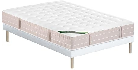 Vente-unique - Matratze und Bettgestell mit Lattenrost und Stoffbezug 2 Virevo - Polyester - weiß