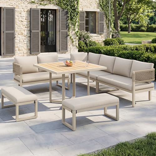 Merax Gartenmöbel-Set, Gartenlounge Set für 8-10 Personen, Outdoor Sitzgruppe Essgruppe mit Ecksofa & großem Esstisch & Bank & Kissen, Metallrahmen, handgeflochten Seil, Wetterfest für Terrasse, Beige