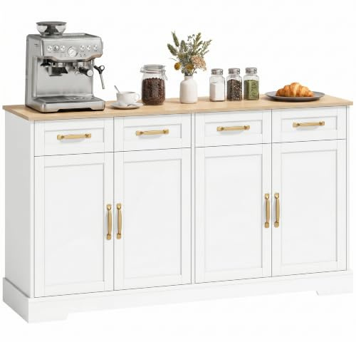 HOMCOM Sideboard Buffet Cabinet, Kitchen Storage Cabinet, 140 cm, White | Modern Farmhouse, 4 Drawers, 4 Doors, 2 Adjustable Shelves, Coffee Bar Station