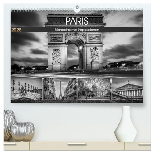 PARIS Monochrome Impressionen (hochwertiger Premium Wandkalender 2026 DIN A2 quer), Kunstdruck in Hochglanz: Französisches Flair und Historie (CALVENDO Orte)