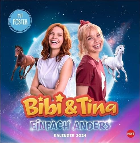 Bibi und Tina Film Broschurkalender 2024. Wandkalender mit zauberhaften Filmausschnitten aus Einfach anders. Kalender für Kinder 2024 mit Poster zum Heraustrennen. 30 x 30 cm.