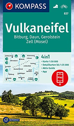 KOMPASS Wanderkarte 837 Vulkaneifel, Bitburg, Daun, Gerolstein, Zell (Mosel) 1:50.000: 4in1 Wanderkarte mit Aktiv Guide und Detailkarten inklusive ... Verwendung in der KOMPASS-App. Fahrradfahren.