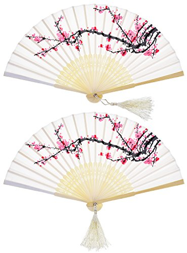 2 Pieces Folding Fans Handheld Fans Bamboo Fans with Tassel Women's Hollowed Bamboo Hand Holding Fans for Wall Decoration, Gifts (White Cherry)