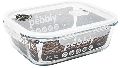 Pebbly - Boite de Conservation en Verre - Rectangulaire - 2250 ml - Pour Cuire, Conserver, Transporter et Réchauffer - 100% Hermétique