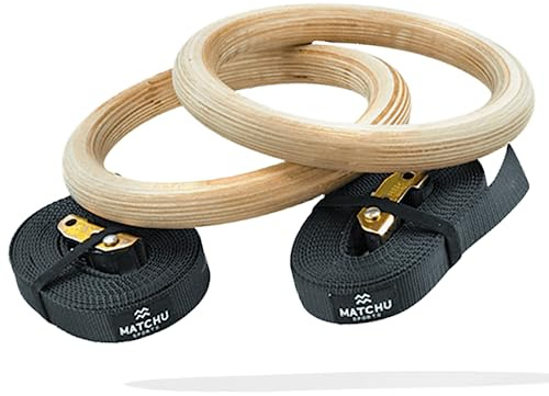 MATCHU - Gymnastikringe - Turnringe - Fitnessringe - Gymringe - Aus Holz - Belastbar bis 400kg - Verstellbar - 2 Stück - Inkl. 4m Langer Verstellbarer Spanngurte - Schwarz