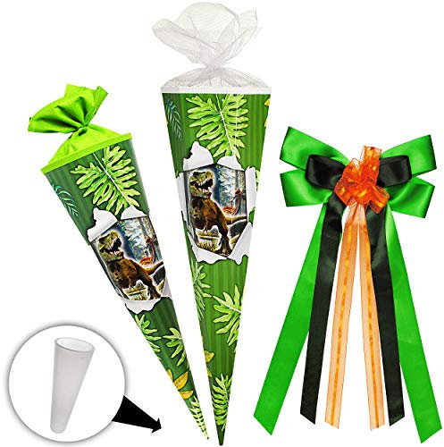 alles-meine.de GmbH Schultüte - Dinosaurier - Tyrannosaurus Rex - 35 cm - rund - incl. große Schleife - Filzabschluß - Zuckertüte - mit/ohne Kunststoff Spitze - Goldbuch - Schu..