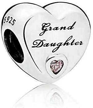FGT Granddaughter Pink Love Heart Sterling Silver Charm fits Pandora Charms Bracelets Birthday Bead Gift for Women Grandma Cursive Writing