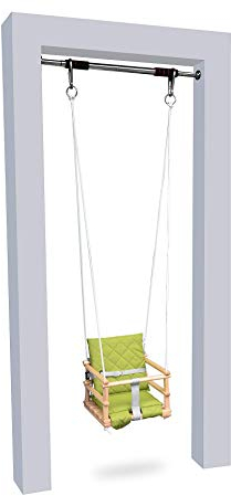 Holz Babyschaukel Kinderschaukel Holz Babywippe Zimmerschaukel Indoor Baby Schaukel Stoff Babysitz Baby Schaukel zum Aufhängen 4 in 1 Sicherheitsgurt Indoor Outdoor (Natürliche&Grün)