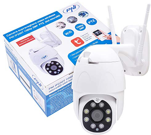Cámara de Video vigilancia Wireless PNI IP230T 1080P con PTZ H264 + Compatible con microSD de 128GB, visión Nocturna, aplicación Tuya, P2P, Android, iOS, para Interiores y Exteriores