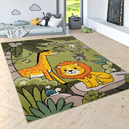Paco Home Kinderteppich Spielteppich Dschungel Tiere Palmen AFFE Elefant Giraffe Löwe Grün, Grösse:200x280 cm