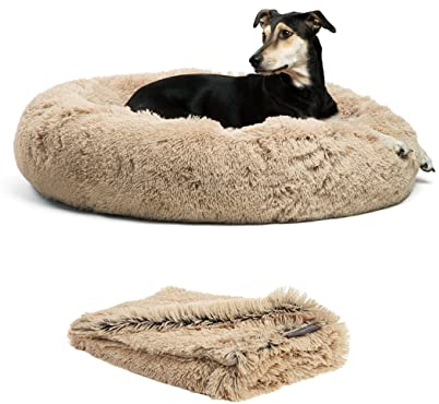 Best Friends by Sheri Set The Original Calming Shag Donut Cuddler Katzen- und Hundebett + Haustier-Überwurfdecke, Taupe, groß, 91,4 cm