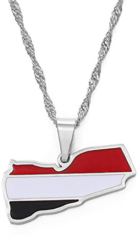 HUYUEXIN Jemen Karte Anhänger Halskette - Farbige Flaggen Emaille Hip-Hop Polierschmuck, Jemenitischer Modeanhänger Ethnische Wasserwellenkette, Partygeschenk Für Frauen/Mädchen/Männer Unisex,Silber,