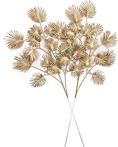Artificial Golden Plants for Christmas Decor, Tall 30 Inch Faux Palm Leaves Plastic Fan Leaf Fake Tropical Monstera Tree for Indoor Outdoor Wedding Party Big Vase Filler DIY Decoration - Gold 2 Pack