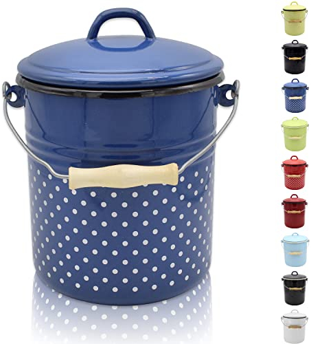 KRÜGER Mülleimer mit Deckel - Stahl Abfalleimer mit Emaille-Beschichtung und Holzgriff - schnitt- und kratzfeste Oberfläche - langlebig und vielseitig einsetzbar (5 Liter, Italia)