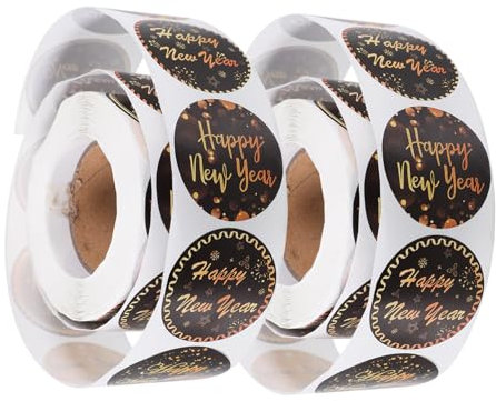 TOYANDONA Happy New Year Aufkleber, rund, schwarz und gold, 1,5 cm, Neujahrs-Etiketten, dekorative Aufkleber für Neujahr, Feiertage, Karten, Umschläge, Boxen, 1000 Stück/2 Rollen