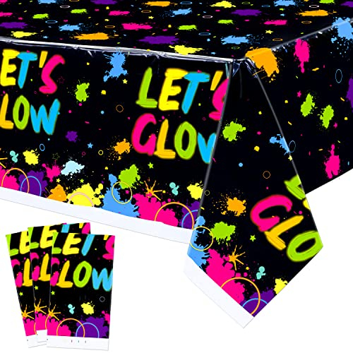 3er-Pack leuchtende Neon-Party-Tischdeckenzubehör - Let's Glow Geburtstags-Tischdecke aus Kunststoff, Neon-Rechteck Allover-Druck-Tischdecke für Schwarzlicht-Party-Dekorationen, 130cm x 220cm