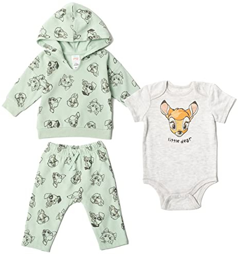 Disney Classics Bambi Patch Thumper Infant Baby Boys Fleece Pullover Hoodie Cuddly Bodysuit Pants Green / White 12 Months