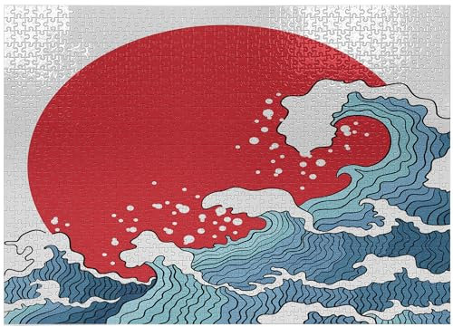 ABAKUHAUS Japanese Wave Jigsaw Puzzle, Big Red Sun Setting Scenery Tropical Nautical Tsunami Swirls, Heirloom-Quality Fun Activity for Family Durable Cardboard, 1000 pcs, Red Blue White