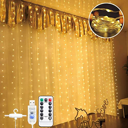Bowfar Lichtervorhang 3x3m 300 LED Lichterkette IP68 Wasserdicht Lichterketten Vorhang 8 Modi mit Fernbedienung Memory Funktion für Innen und außen Deko Weihnachten Party (Warmweiß)
