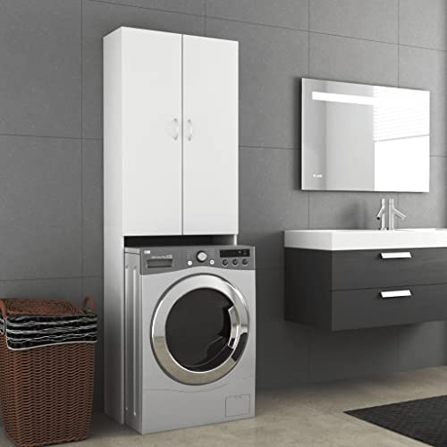 Wakects Mobile per Lavatrice Salvaspazio, Armadio per Lavatrice con Ante e 3 Scomparti, Scaffale sopra Lavatrice e WC, Truciolato, 64 x 25,5 x 190 cm, Bianco