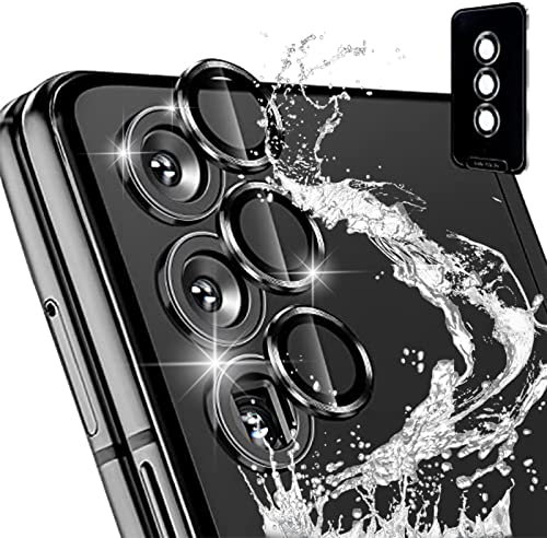 Miimall 3 PCS Camera Lens Screen Protector for Samsung Galaxy Z Fold 4, HD Tempered Glass + Aluminum Ring Camera Screen Protector, Anti-Scratch Shockproof Metal Individual Ring for Z Fold 4-Black