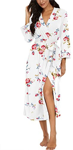 PrinStory Dressing Gowns Women Long Knit Bathrobe Soft Womens Kimono Robes V-Neck Sleepwear Casual Ladies Loungewear (Flower Print White, M)