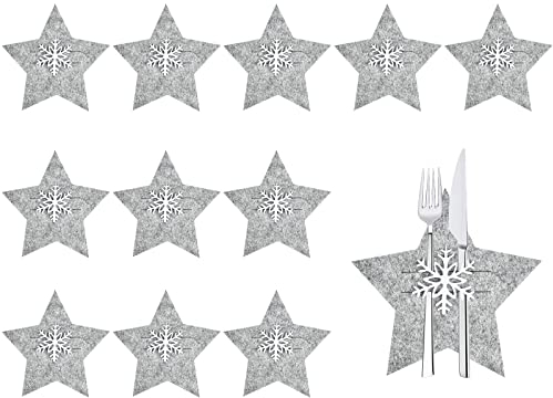 Dereine 12 Stück Bestecktasche Weihnachten, Besteckbeutel Weihnachten, Besteckhalter Weihnachten, Stern, Weihnachten Tischdeko für Besteck, Messer, Gabeln, Löffel