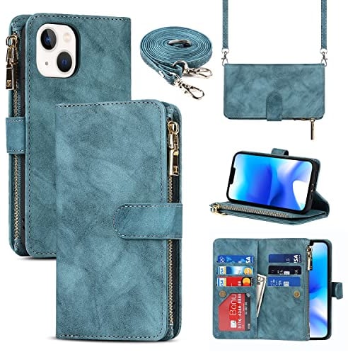 Cavor Compatible with iPhone 14 Case With Card Holder With Strap,Flip Leather Crossbody Women Wallet Case,[9 Card Holders][2 Lanyards],Cover Phone Case Compatible with iPhone 14 - Light Blue