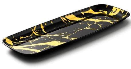 Decorline - Servierplatte - Set aus 4 - Oval Marmor Dekoteller aus Stabiler Wiederverwendbare Kunstoff, Ablageschale Serviertabletts & Partyplatten Buffet - Oval 16x45 cm - Schwarz/Gold