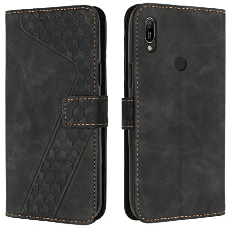 OKZone Kompatibel mit Huawei Y6 2019/Honor 8A/Y6 Prime 2019 Hülle, PU Leder Handyhülle Tasche Wallet Schutzhülle Flip Cover Klappbar Stoßfeste Etui mit Magnet Kartenfach TPU Lederhülle (Schwarz)