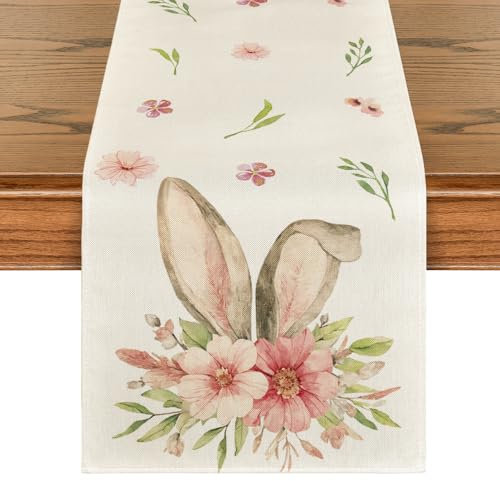 Artoid Mode Blume Hase Hasenohren Osterei Ostern Tischläufer, Waschbar Modern Frühling Küche Esstisch Dekoration für drinnen und draußen Urlaub Party Wohnzimmer Dekor 40 x 100 cm