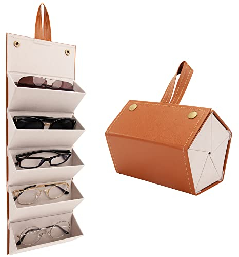 Brillenaufbewahrung Tragbar Brillenetui Faltbare Veranstalter Displaybox Braun PU-Leder Schutz Aufhängbares Organizer Behälter für Mehrer Damen Herren Reisen Hängen 5 Fächer