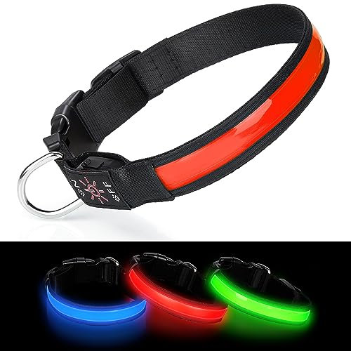 Benxdara Light Up Dog Collar USB Rechargeable, Adjustable LED Dog Collar with 3 Lighting Modes for Small Medium Large Dogs Walking for the Dark Safely - Red - S