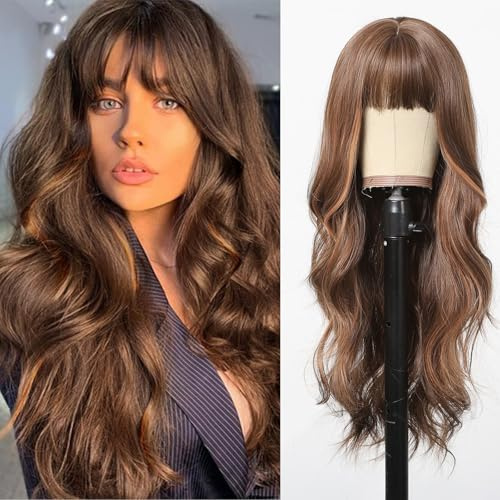 testar Braune Perücken Für Frauen Lange Lockige Gewellte Braune Gemischte Blonde Perücke Mit Pony Perücke Damen Natürliche Synthetische Perücken Für Cosplay Damen 26 Zoll
