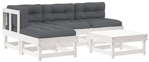 vidaXL Garten Lounge Set 5-TLG., Gartenmöbel Set mit Kissen, Sitzgruppe für Garten Terrasse, Modular Sofa Garnitur Loungemöbel, Weiß Massivholz