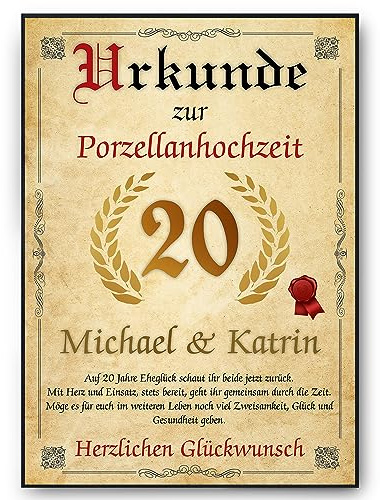 Personalisierte Urkunde zum 20. Hochzeitstag Geschenk zur Porzellanhochzeit | Porzellanhochzeit Karte Personalisiert mit Namen | 20. Jahrestag Geschenkidee Deko DIN A4
