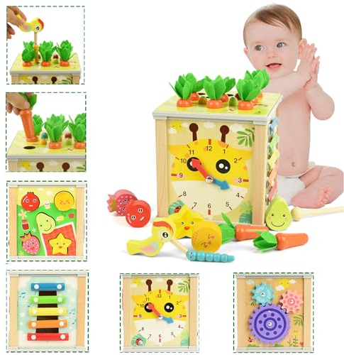 Hyacinthy Montessori Spielzeug, Motorikspielzeug Holz, 6 in 1 Motorikwürfel Sensorik Activity Kinderspiele, Montessori Pädagogisches Spielzeug Geschenke, Geburtstag für Mädchen und Jungen