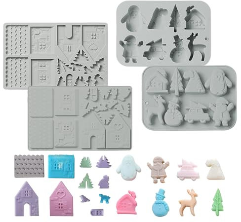 Fyfjur Silikonform Weihnachten, 2 Stück Gießform Weihnachten, Weihnachtshaus Weihnachtsbaum Silikon Schokoladenform, Silikonformen Gießformen für Kuchen Gelee Schokolade Eiswürfel