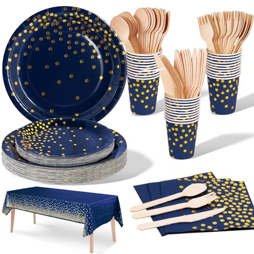 Nkaiso Anniversaire Vaisselle de fete 141 PCS Bleu Foncé Or Party Assiettes en Papier Set Assiette Dîner Papier Tasse Serviette Nappe Couteau Fourchette Cuillère -20 invités