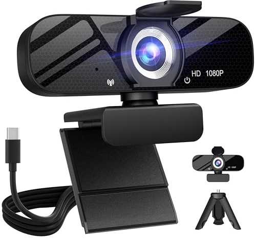 Full HD Webcam with Built-in Microphone and Rotatable Tripod, 1080P Video and Wide Angle Camera, Privacy Cover, for Desktop PC or Laptop Computer