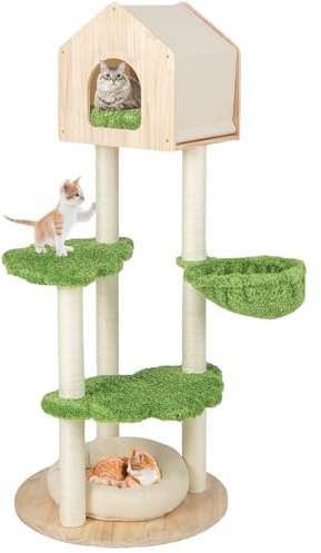 COSTWAY Modern Cat Tree, Multi-Level Wood Cat Tower with Sisal Scratching Posts, Bed, Kitten Activity Center for Indoor Cats