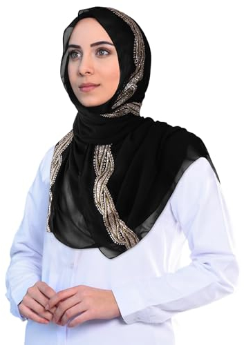 DAMILY Hijab Kopftuch Für Damen, Lang Muslim Hijab Frauen, 180 * 70Cm Hijab Kopftuch Stoff Seidenweiche Islamische Kopftücher für Muslimische Frauen (Schwarze Pailletten)