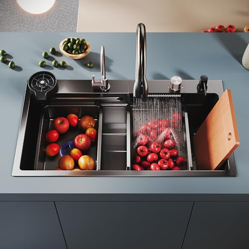 SONNI Küchenspüle, Spülbecken, Wasserfall Küche Spüle mit Ausziehbarer Wasserhahn, Tassenspüler, Seifenspender, Wasserfilterkorb, Wasserhahn Reinigen, Schneidebrett, Abflussset, Edelstahl, 80x45x23cm
