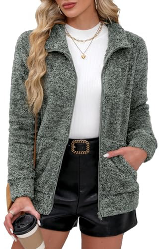 BesserBay Giacca invernale da donna con colletto alto, in pile Teddy, calda, con tasche a cerniera, taglie S-XXL, grigio, M