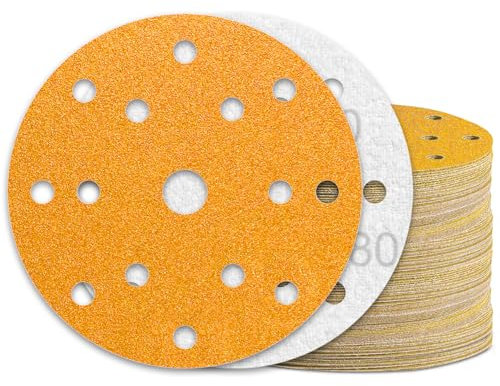 KONGMING 60 Pcs 150mm Sanding Discs Grit 80 Hook and Loop 15 Hole for Random Orbital Sander