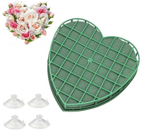 Plaque Mousse en Coeur, Mousse Florale pour Fleurs Fraîches avec Ventouse, Mousse Florale Humide avec Grille, pour Compositions Forales DIY, Mariage, Anniversaire