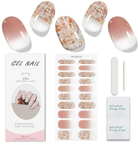 JMEOWIO Gel Nail Stickers French Tip White Light Orange Semi Cured Gel Nail Strips Wraps UV/LED Nails Art Design Decoration Accessories