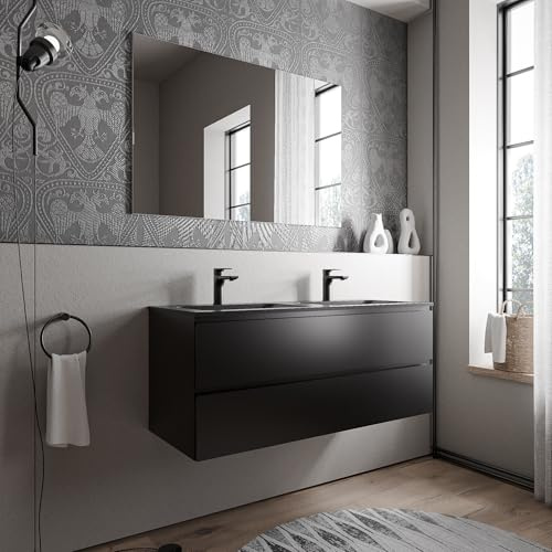 BERNSTEIN Badmöbel-Set Ava 120cm bestehend aus Mineralguss-Doppel-Waschbecken mit Unterschrank in Schwarz matt, Waschtisch BRUXELLES - Schwarz matt mit Hahnloch, Ideal für große Bäder