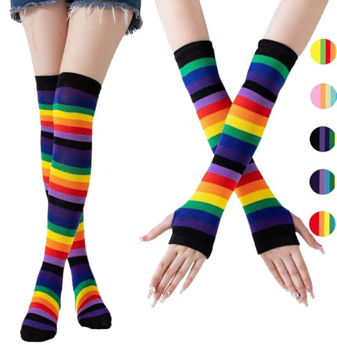 AUNGCSHE Regenbogen Overknees Strümpfe Damen, Fingerlose Handschuhe, Kniestrümpfe Mädchen, Armstulpen Damen, Thigh High Socks, Fingerless Gloves, Halloween Fasching Cosplay 80er (Schwarz)
