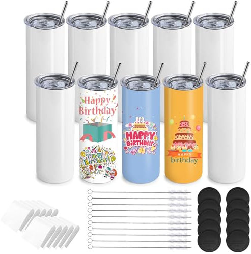 TESIN Paquete de 10 vasos de sublimación al por mayor, 20 oz de acero inoxidable delgado vaso recto, tazas blancas de doble pared aisladas al vacío con pajitas de metal, Envasado individualmente